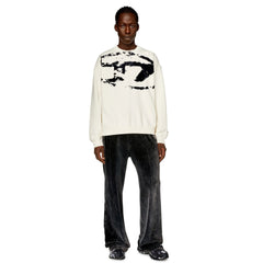Diesel Sweater Distressed Flocked Logo White-Black